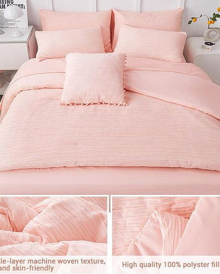 8 Piece Woven Texture Pink Comforter Set Queen, Bed in a Bag Bedding Sets Queen with Comforter and Sheets, Soft Lightweight Comforter Set with Deocor Throw Pillow, Pink - LeafyLoom