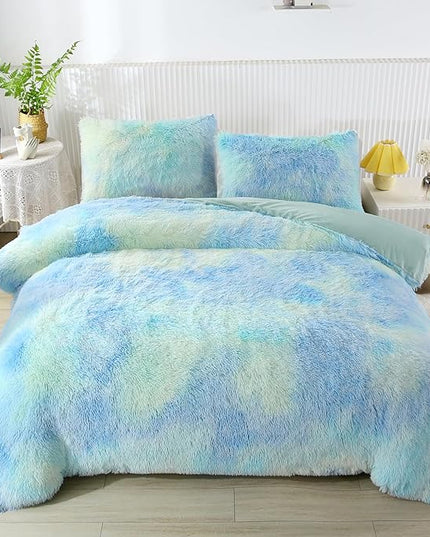 WINLIFE Shaggy Bedding Comforter Set Faux Fur Flannel Furry Comforter Microfiber Long Hair Fluffy Plush Comforter Sets Gradient Ombre Blue Aqua Teal Bedding for Girls Adults (3Pcs, Queen, Mint Green) - LeafyLoom