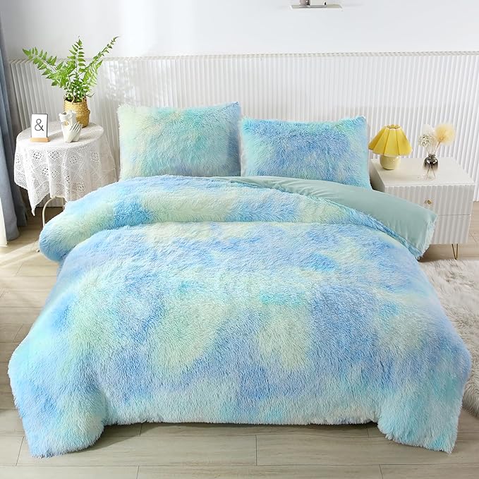 WINLIFE Shaggy Bedding Comforter Set Faux Fur Flannel Furry Comforter Microfiber Long Hair Fluffy Plush Comforter Sets Gradient Ombre Blue Aqua Teal Bedding for Girls Adults (3Pcs, Queen, Mint Green) - LeafyLoom