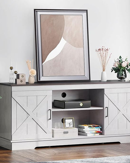 YITAHOME Buffet Cabinet, 59" Farmhouse Sideboard Buffet Storage Cabinet with Barn Door, Coffee Bar Cabinet with Capacity 300 lbs for Home Dinning Living Room, Grey White/Espresso, 26" Height - LeafyLoom