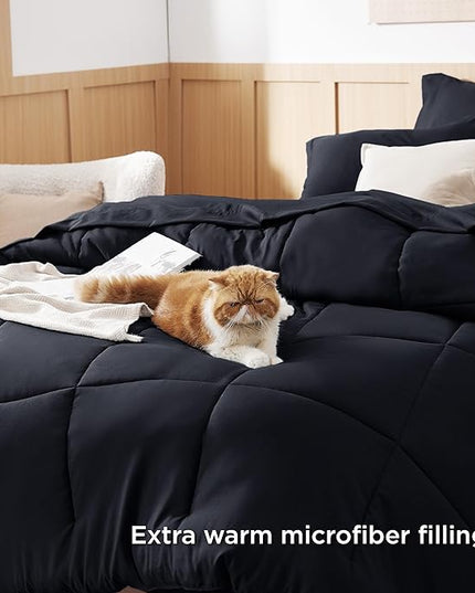 Bedsure Black Twin XL Comforter Set for Boys- 5 Pieces Solid Twin XL Bed in a Bag, Twin XL Bed Set Black with Comforters, Sheets, Pillowcase & Sham, Extra Long Twin Comforter Set