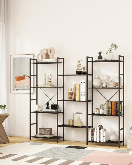 Panana Triple 4 tier bookshelf, Industrial Bookcase with 11 Open Display Shelves Wide Book Shelf Book Case with Metal Frame for Living Room Home Office (Black) - LeafyLoom