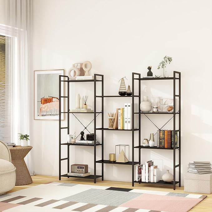 Panana Triple 4 tier bookshelf, Industrial Bookcase with 11 Open Display Shelves Wide Book Shelf Book Case with Metal Frame for Living Room Home Office (Black) - LeafyLoom