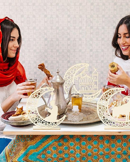 3Pcs Eid al Adha Night Light Decoration Wooden Table Decor, Moon Castle Sheep Wooden Centerpiece with Plastic LED Night Light for Eid al Adha Party Home Indoor Outdoor Bedroom Tabletop Decor - LeafyLoom
