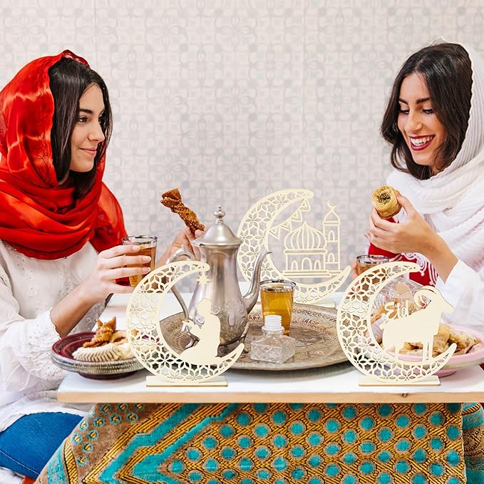 3Pcs Eid al Adha Night Light Decoration Wooden Table Decor, Moon Castle Sheep Wooden Centerpiece with Plastic LED Night Light for Eid al Adha Party Home Indoor Outdoor Bedroom Tabletop Decor - LeafyLoom