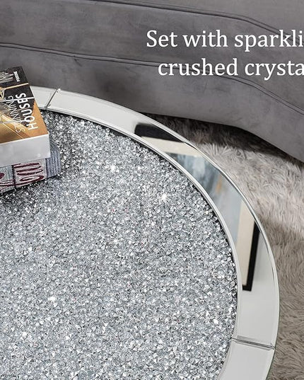 Mirrored Coffee Table with Crystal Inlay, 31.5'' Modern Round Coffee Table with Mirror Surface, Silver Accent Table for Living Rooms Bedrooms Entryways Decor - LeafyLoom