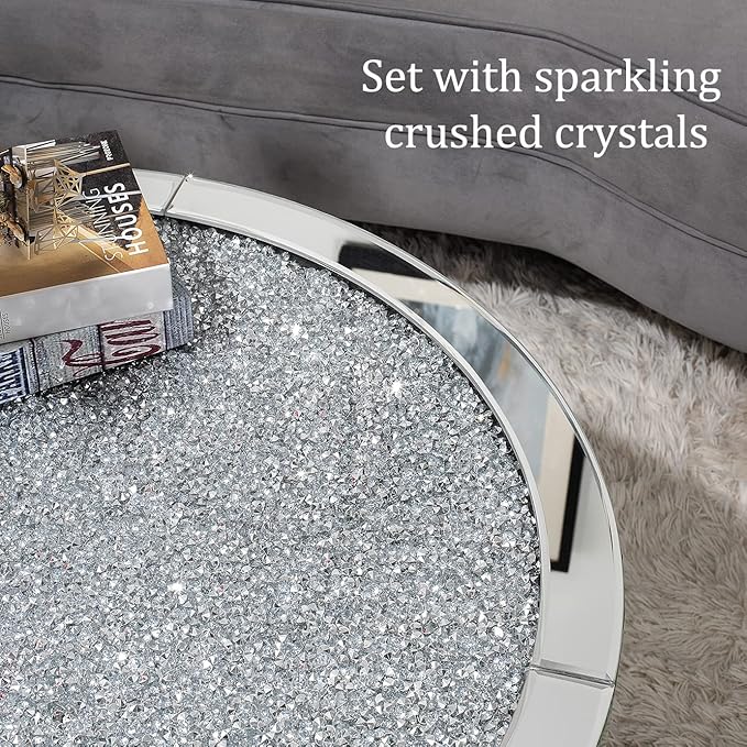 Mirrored Coffee Table with Crystal Inlay, 31.5'' Modern Round Coffee Table with Mirror Surface, Silver Accent Table for Living Rooms Bedrooms Entryways Decor - LeafyLoom