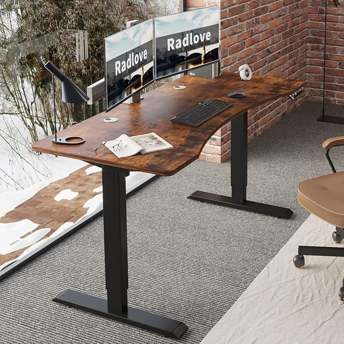Radlove Dual Motor Height Adjustable Standing Desk, 63 x 30 Height Adjustable Computer Desk Sit Stand Desk Home Office Desks with Splice Board 265 lb Load Capacity Black Frame + Rustic Brown Top - LeafyLoom