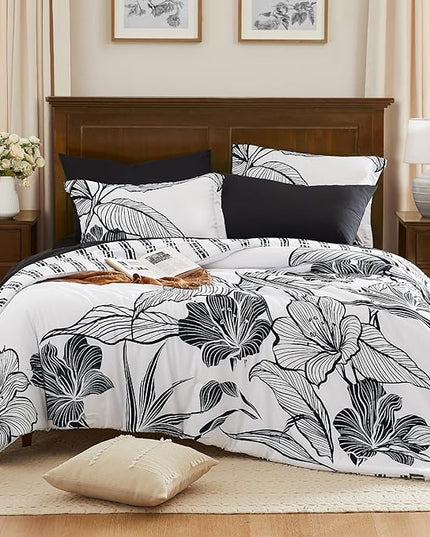 WRENSONGE King Size Comforter Set, 7 Pieces Black and White Floral Comforter Set with Sheets for King Size Bed, Flower Pattern King Bedding Set, Soft Breathable Bed in a Bag King for All Seasons - LeafyLoom