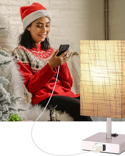 Dott Arts Small Table Lamp for Bedroom Set of 2,2700K 4000k 5000K Nightstand Lamps with AC Outlets，Minimalist Bedside Lamp with Square Shade,Night Light Lamp for Living Room Kids Room Office(Nickle) - LeafyLoom