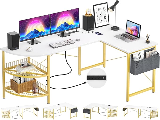 Unikito L Shaped Desk with Power Outlet, 98.4" Reversible Corner Computer Table with Storage Shelves and Bag, Modern 2 Person Large Long Desk for Home Office Writing Study Workstation, White - LeafyLoom