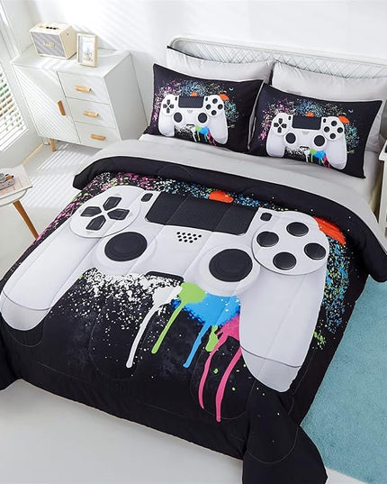 KAKKI 4 Piece Boys Twin Gamer Comforter Set with Sheets, 3D Colorful Video Game Controller Comforter for Kids Teen, All Season Soft Microfiber Gaming Bedding Set(White,Twin) - LeafyLoom