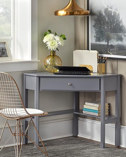 Target Marketing Systems Ellen Corner Desk Drawer and One Storage Shelf for Living Room, Bedroom, or Home Office, Small Computer Table, 42" W x 30" H, Gray - LeafyLoom