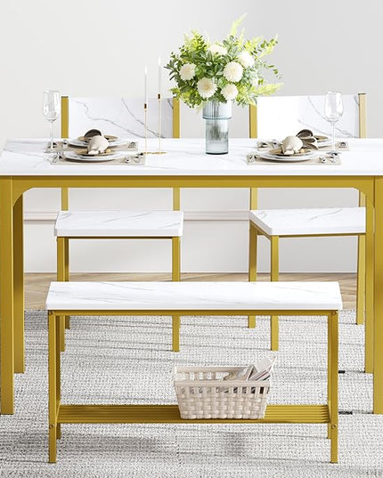 soges 4 Person Dining Table Set,43.3 inch Kitchen Table Set for 4,2 Chairs with Backrest,2-Person Bench with Storage Rack,Nesting Furniture Set for Dining Room and Restaurant, White Gold - LeafyLoom