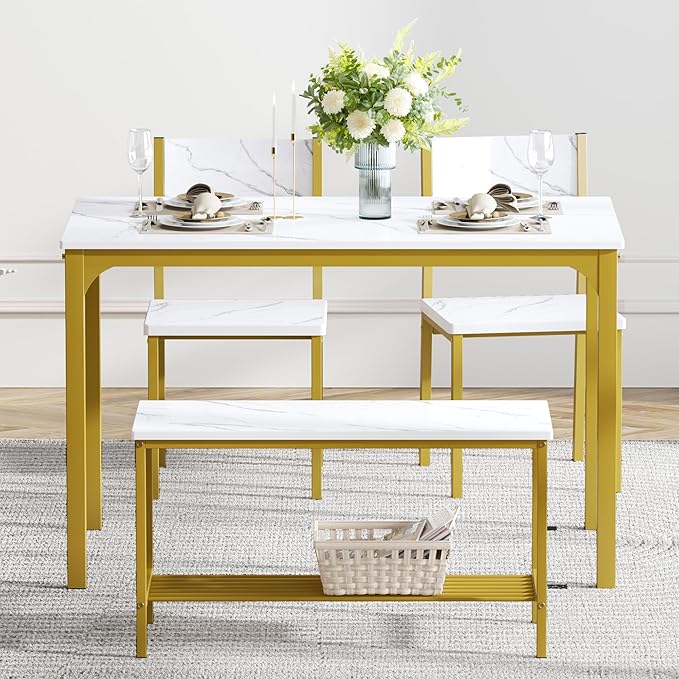 soges 4 Person Dining Table Set,43.3 inch Kitchen Table Set for 4,2 Chairs with Backrest,2-Person Bench with Storage Rack,Nesting Furniture Set for Dining Room and Restaurant, White Gold - LeafyLoom