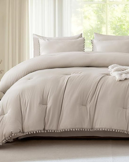 Litanika Queen Size Comforter Set Linen Grey,3 Pieces Linen Grey Boho Pom Pom Lightweight Bed Comforter, All Season Soft Solid Color Bedding Comforter Sets (1 Comforter 90x90 Inch, 2 Pillowcases) - LeafyLoom