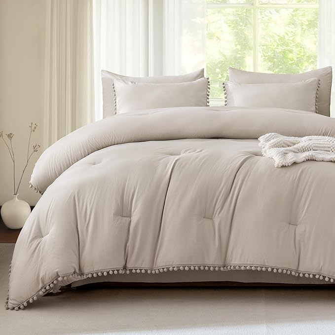 Litanika Queen Size Comforter Set Linen Grey,3 Pieces Linen Grey Boho Pom Pom Lightweight Bed Comforter, All Season Soft Solid Color Bedding Comforter Sets (1 Comforter 90x90 Inch, 2 Pillowcases) - LeafyLoom