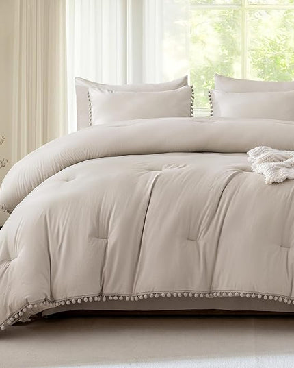 Litanika Comforter Full Size Set Linen Grey,3 Pieces Linen Grey Boho Pom Pom Lightweight Bed Comforter Full,All Season Solid Color Bedding Comforter Sets (1 Comforter 79x90 Inch, 2 Pillowcases) - LeafyLoom