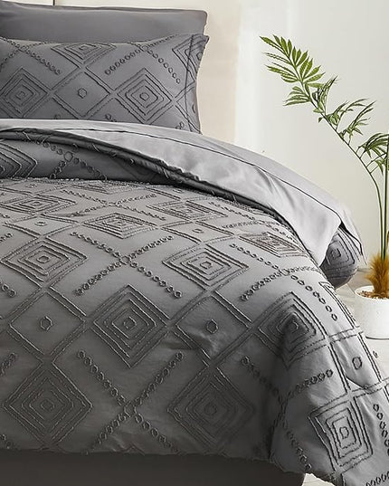 EMME Queen Comforter Set - 7 Pcs Dark Grey Boho Bedding Sets, Full Size Tufted Comforter with Sheets, Shabby Chic Embroidery Queen Bed Set Fluffy Bed Bag for All Season(90"X90") - LeafyLoom
