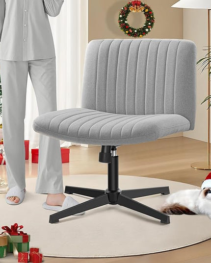 Armless Office Chair no Wheels, Ergonomic Wide Seat Swivel Desk Chair, Height Adjustable Cross Legged Comfortable Computer Chair for Living Room, Vanity Accent Chair LightGray - LeafyLoom