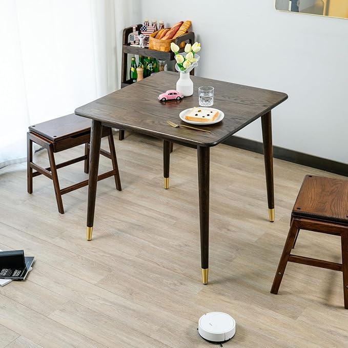 Dining Table 31.5“, Square Small Solid Wood Kitchen Table with Copper Decor for 2, Mid Century Modern Kitchen Dining Table, Oak Finish, Walnut, 31.5 x 31.5 x 29.5 Inch, Walnut - LeafyLoom