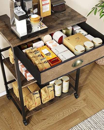 X-cosrack Coffee Bar Cart with Storage, 3-Tier Coffee Table with Drawer for Home Buffets & Sideboards,Coffee Station Corner Table with Rolling Wheels for Kichen, Entryway, Living Room-Patent - LeafyLoom