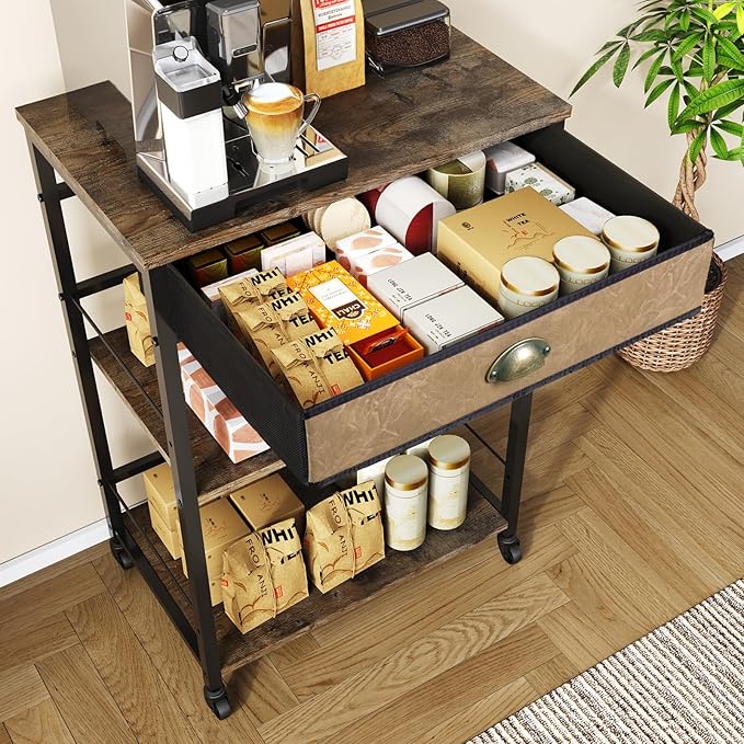 X-cosrack Coffee Bar Cart with Storage, 3-Tier Coffee Table with Drawer for Home Buffets & Sideboards,Coffee Station Corner Table with Rolling Wheels for Kichen, Entryway, Living Room-Patent - LeafyLoom