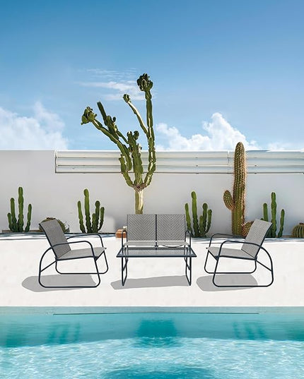 Mapleleaf 4 Pieces Rattan Patio Furniture Set, Outdoor Wicker Conversation Sofa Set, Rattan Chair and Glass Coffee Table for Yard, Pool or Backyard (Grey) - LeafyLoom