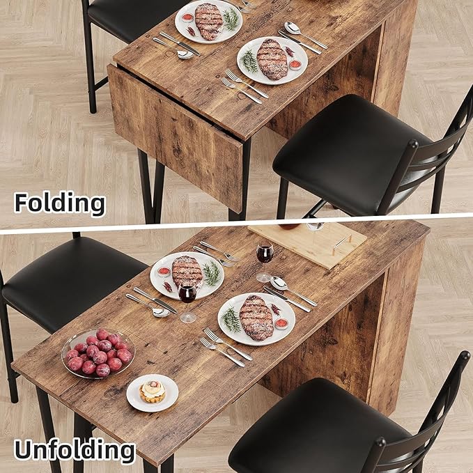 GAOMON Dining Table Set for 2, Kitchen Table Set for 2, Expandable Kitchen Bar Table and Chairs with 2 Upholstered Chairs and 3 Storage Shelves for Apartment Small Space, Rustic Brown - LeafyLoom
