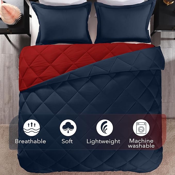 downluxe Queen Comforter Set - Red and Navy Queen Comforter, Soft Bedding Sets for All Seasons -3 Pieces - 1 Comforter (88"x92") and 2 Pillow Shams(20"x26") - LeafyLoom