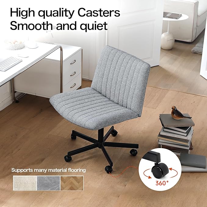 LEAGOO Cross Legged Office Chair, Armless Wide Desk Chair with Wheels, 120° Rocking Mid Back Ergonomic Computer Task Vanity Chairs with Height adiust, for Home, Office, Make up, Small Space, Dark gray - LeafyLoom