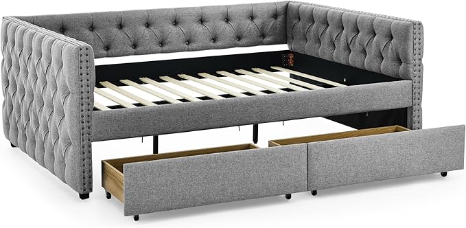 Full Size Upholstered Daybed, Pull Out with Two Storage Drawers, Solid Wood Frame Bed, Tufted Buttons and Copper Nails On Square Arms, for Bedrooms,Apartments - LeafyLoom