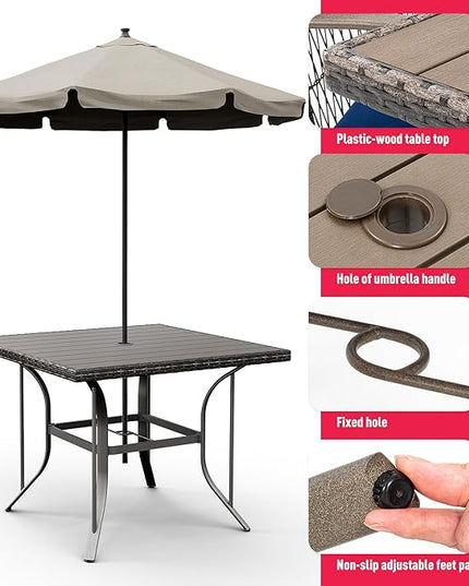Pamapic Patio Table and Chairs Set, All-Weather Rattan Outdoor Table and Chairs with Removable Waterproof Cushions, Plastic-Wood Patio Dining Set for 4 with Umbrella Hole(Blue) - LeafyLoom