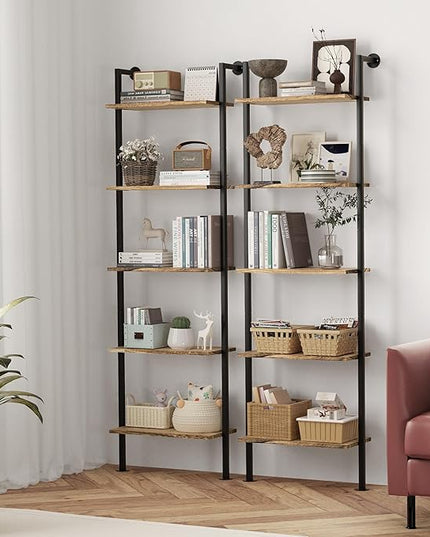 5-Tier Bookshelf Solid Wood Ladder Shelf, Narrow Book shelf Set of 2, Wooden Ladder Shelf Bookcase, Wall Mount Ladder Shelf, Storage Rack for Living Room, Bedroom, Industrial Style, Rustic Brown - LeafyLoom