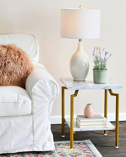 Household Essentials Crown Square Side End Table with Storage Shelf White Marble and Gold Metal - LeafyLoom
