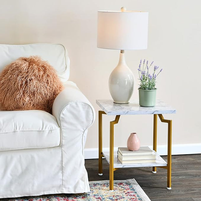 Household Essentials Crown Square Side End Table with Storage Shelf White Marble and Gold Metal - LeafyLoom