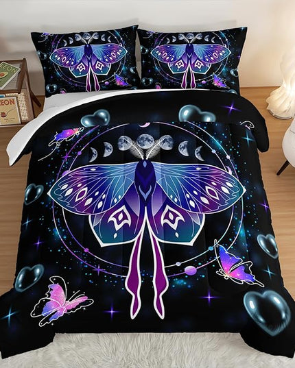 HOSIMA Butterfly Comforter Set with 2 Pillowcases,Moon Starry Sky Galaxy Comforter Butterfly Room Decor Aesthetics,Blue Heart -Shaped Bubble Twin Bed in A Bag Sets for Adults Kids Black Comforter. - LeafyLoom