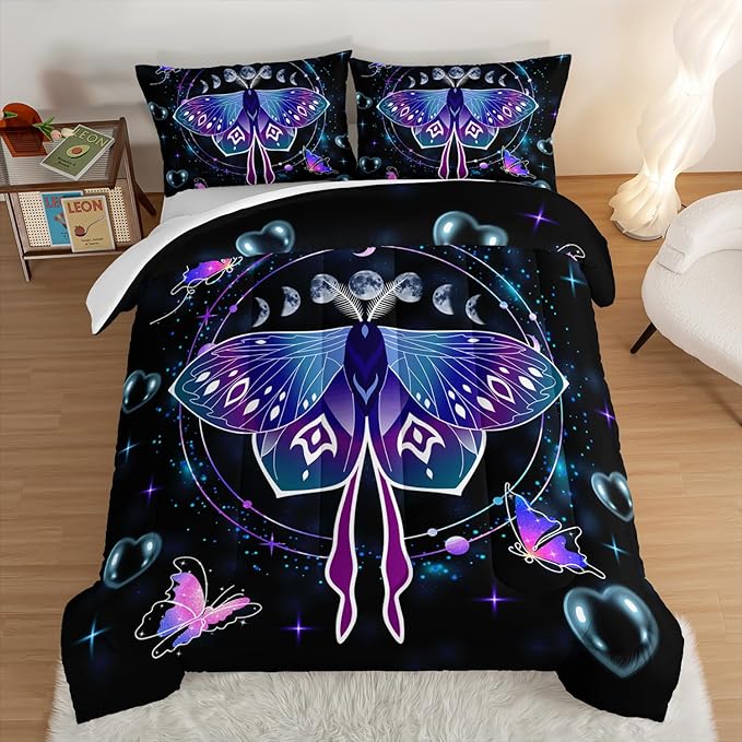 HOSIMA Butterfly Comforter Set with 2 Pillowcases,Moon Starry Sky Galaxy Comforter Butterfly Room Decor Aesthetics,Blue Heart -Shaped Bubble Twin Bed in A Bag Sets for Adults Kids Black Comforter. - LeafyLoom