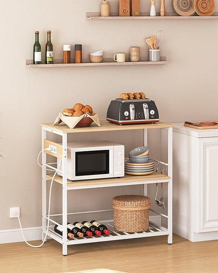 HOOBRO Kitchen Island with Storage, Kitchen Island Table with Power Outlet, 3 Tier Coffee Station and Microwave Stand, for Home, Kitchen and Dining Room, Natural and White WN021ZD01 - LeafyLoom