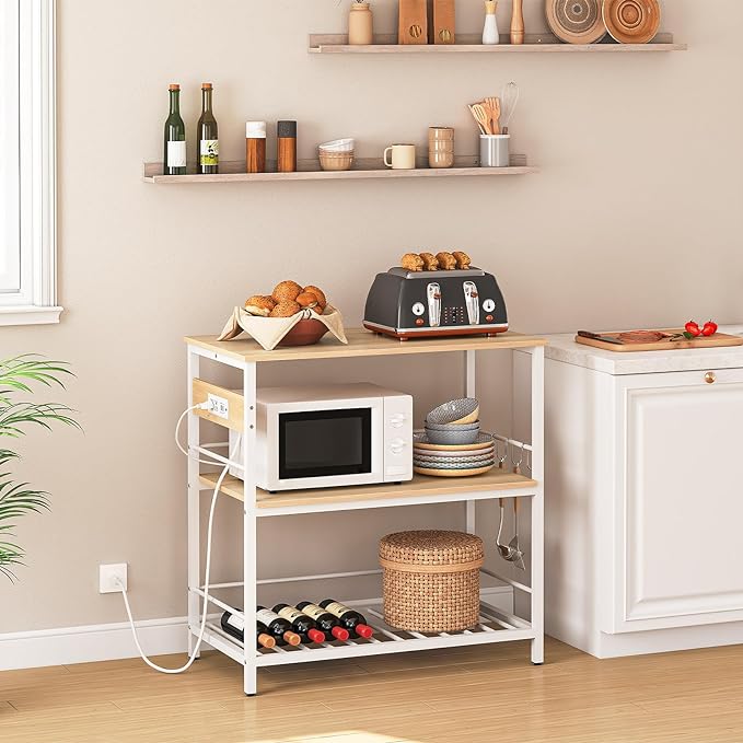HOOBRO Kitchen Island with Storage, Kitchen Island Table with Power Outlet, 3 Tier Coffee Station and Microwave Stand, for Home, Kitchen and Dining Room, Natural and White WN021ZD01 - LeafyLoom