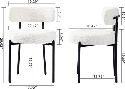 White Dining Chairs Set of 4 Round Upholstered Boucle Dining Room Chairs Mid-Century Modern Kitchen Chairs Curved Backrest Chairs for Dining Room Black Metal Legs - LeafyLoom