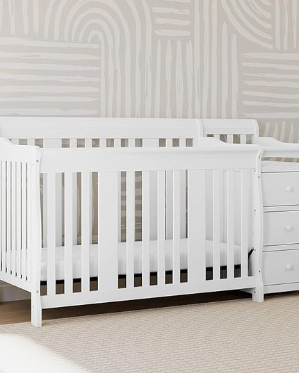 Storkcraft Portofino 5-in-1 Convertible Crib and Changer (White) – Changing-Table Combo with Drawer, Converts to Toddler Bed, Daybed Full-Size Storage Drawer - LeafyLoom