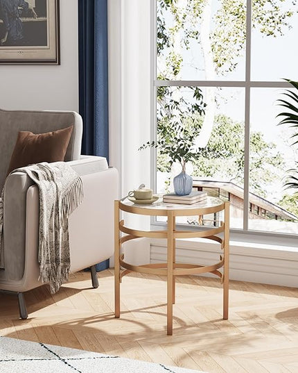 Round Coffee Table Coffee Tables for Living Room Sintered Stone Marble Top Sturdy Metal Frame (Golden, 20.67 inches) - LeafyLoom
