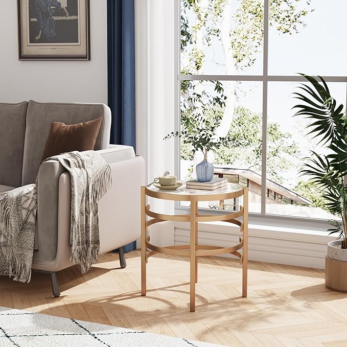 Round Coffee Table Coffee Tables for Living Room Sintered Stone Marble Top Sturdy Metal Frame (Golden, 20.67 inches) - LeafyLoom