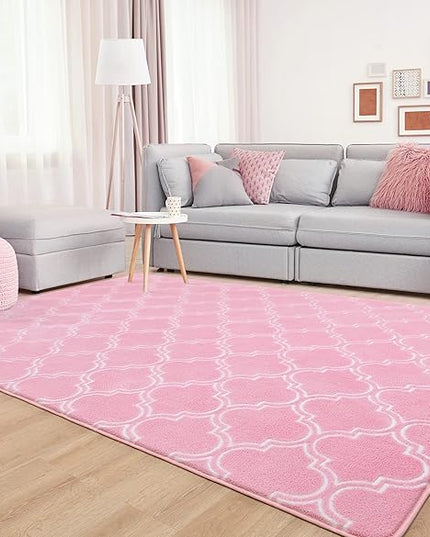 Chicrug Shag Geometric Modern Area Rug for Bedroom, 6x9 Feet Memory Foam Indoor Carpet, Fluffy Rug for Living Room Bedside Room Decor for Family Girls Kids Nursery Play Mat, Pink/White - LeafyLoom