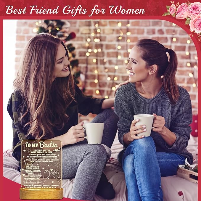 Linkax Bestie Gifts, Birthday Gifts for Women Teen Girls, 3D Illusion Lamp I Love You Friend Night Light for Best Friend Sister Girl Women BFF Holiday Friendship, Soft Warm White LED Wooden Table Lamp - LeafyLoom