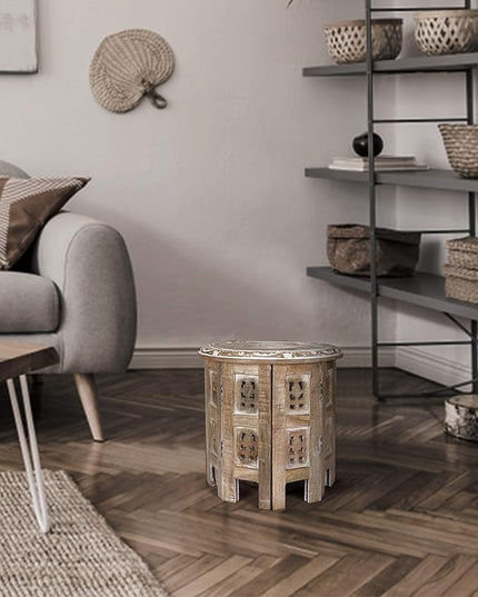 Round Side Table,Small Table, Round End Table,Side Table, Side Tables Living Room, Altar Table, Carved Side Table,Wood Accent Table,Carved Wood Table 12" Round Top x 12" High White Wash - LeafyLoom