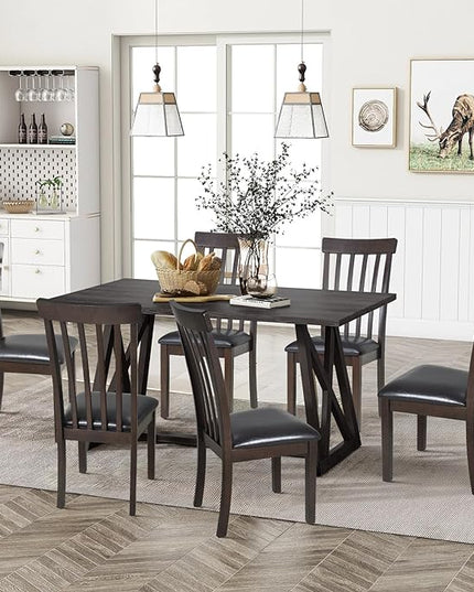 COLAMY Wooden Dining Chairs Set of 2, PU Leather Dining Room Kitchen Side Chair with Spindle High Back and Adjustable Foot Pegs - DarkBrown - LeafyLoom