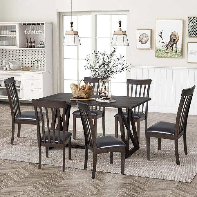 COLAMY Wooden Dining Chairs Set of 2, PU Leather Dining Room Kitchen Side Chair with Spindle High Back and Adjustable Foot Pegs - DarkBrown - LeafyLoom
