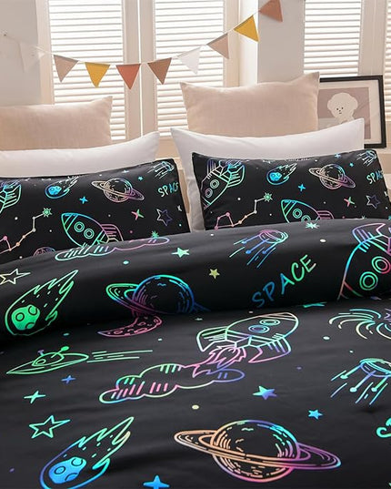 Aimuan Space Bedding Twin Bed Comforter Kids Rocket Bedding Set Super Soft & Cute Aliens UFO Printed for Boys Girls Teen (Black, Twin) - LeafyLoom